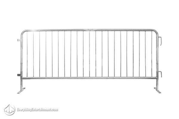 Heavy-duty 8ft steel bicycle barricade with flat-foot safety design for event crowd control on white