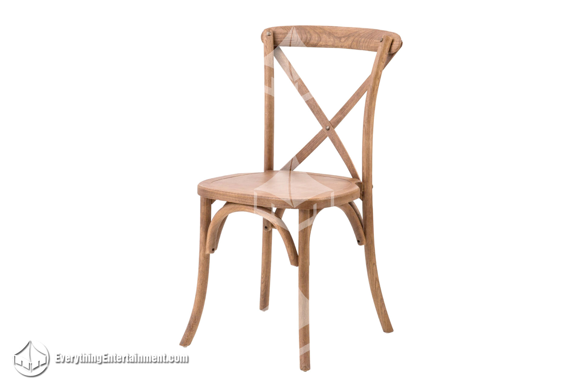 Fruitwood finish cross-back chair for rustic event rentals on white background
