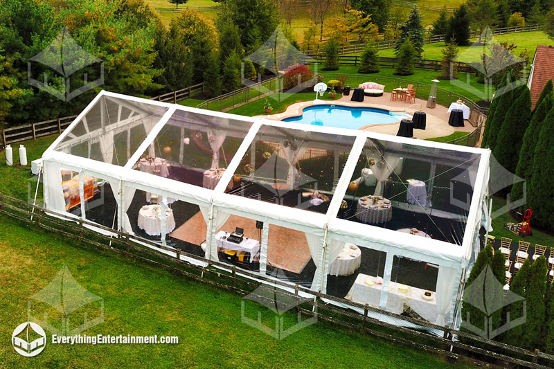 An aerial view of a 30x60 clear top frame tent in Coltsneck, NJ